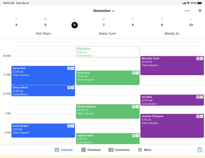 Square Appointments calendar screen with several appointments displayed.